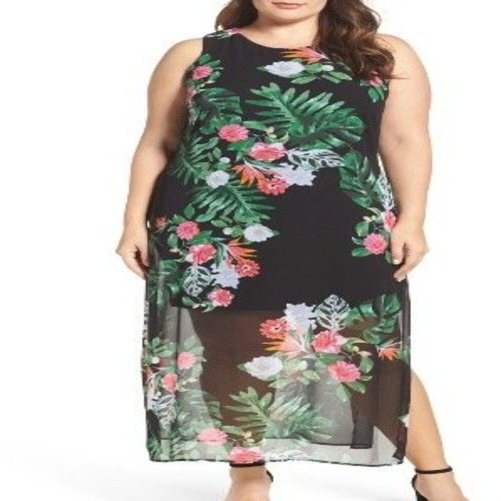 Vince Camuto $144 Havana Brights Floral & Rich Black Overlay Maxi Dress 1X NWT!